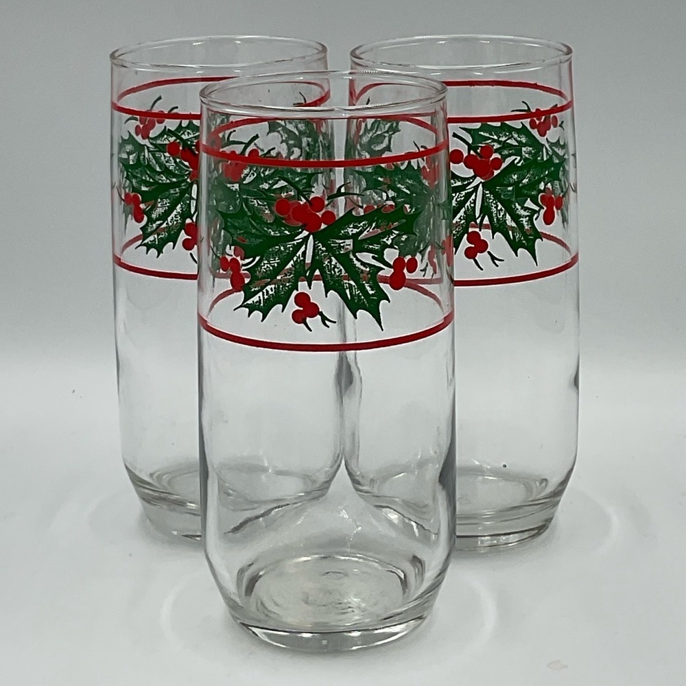 Vintage Anchor Hocking 16oz Holly Berry Tumblers-Set of 3
